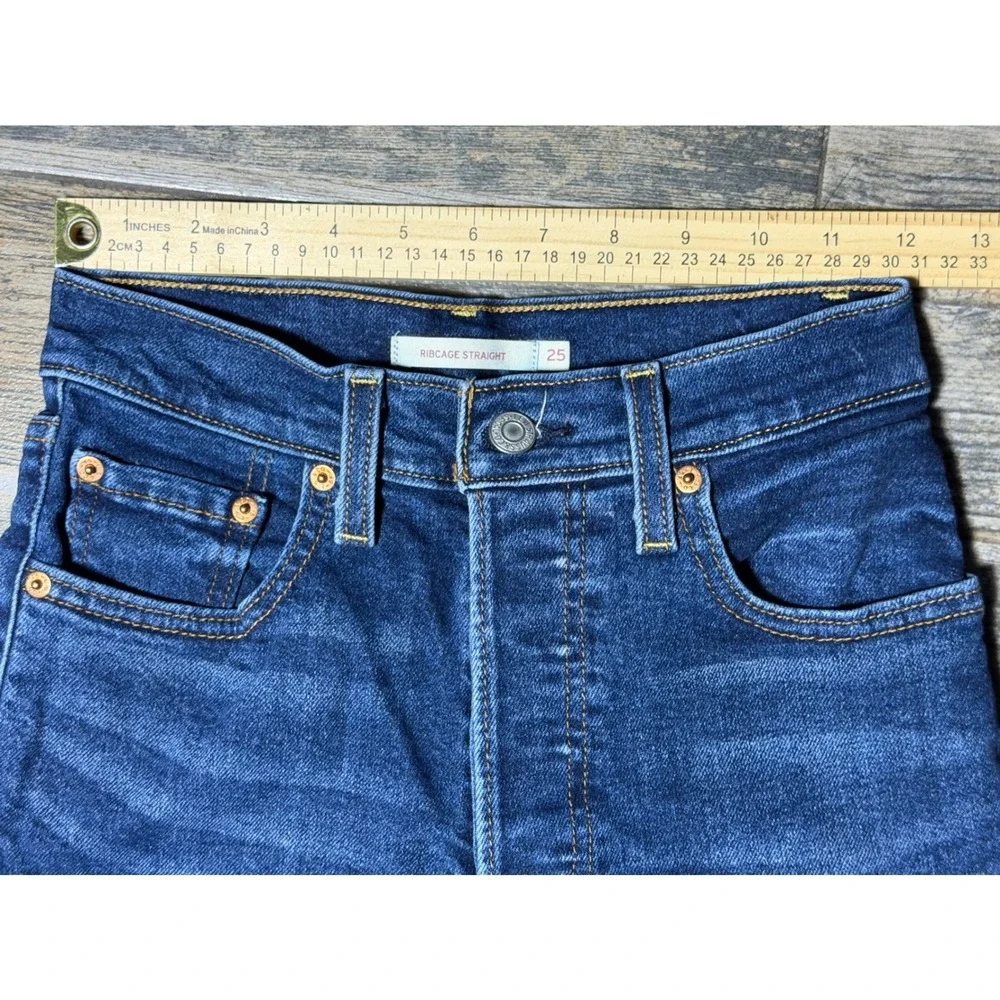 Levis Ribcage Straight High Rise Button Fly Ankle Jeans Blue 25x25 Short Stretch